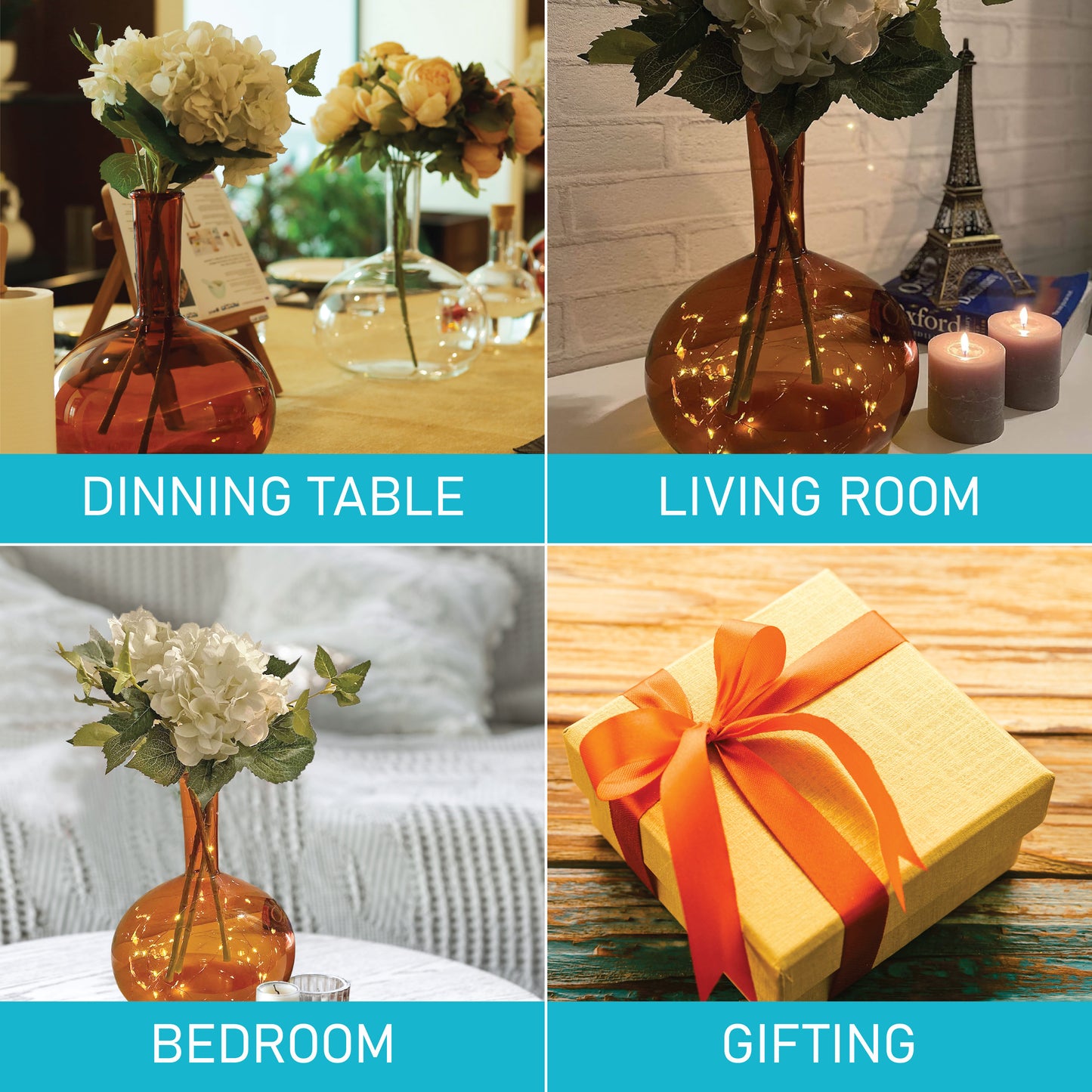 Labzio Home Amber Glass Vase - 30cm Tall Decorative Vase for Living Room, 24.5cm Wide Modern Home Decor | Perfect for Dried Flowers, Pampas Grass | Stylish Round Base, Slim Neck Design