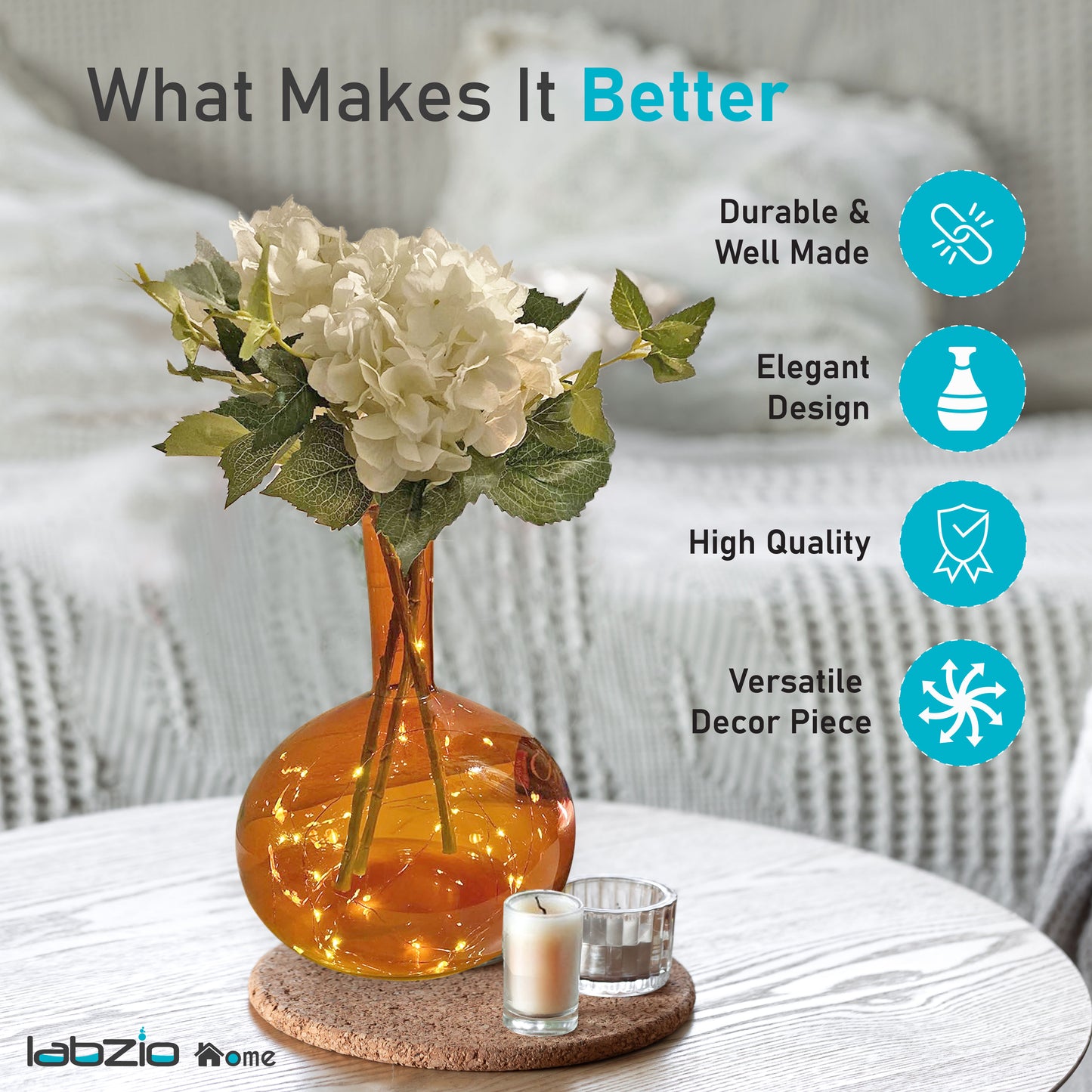 Labzio Home Amber Glass Vase - 30cm Tall Decorative Vase for Living Room, 24.5cm Wide Modern Home Decor | Perfect for Dried Flowers, Pampas Grass | Stylish Round Base, Slim Neck Design