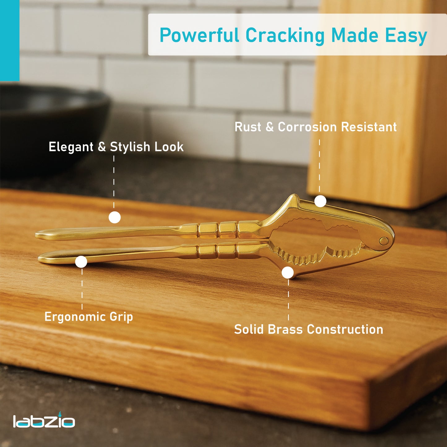 LABZIO Premium Brass Nut Cracker | Heavy Duty Nutcracker Tool for Almonds, Walnuts, Pistachios | Strong & Easy to Use Nut Cracking Kitchen Tool