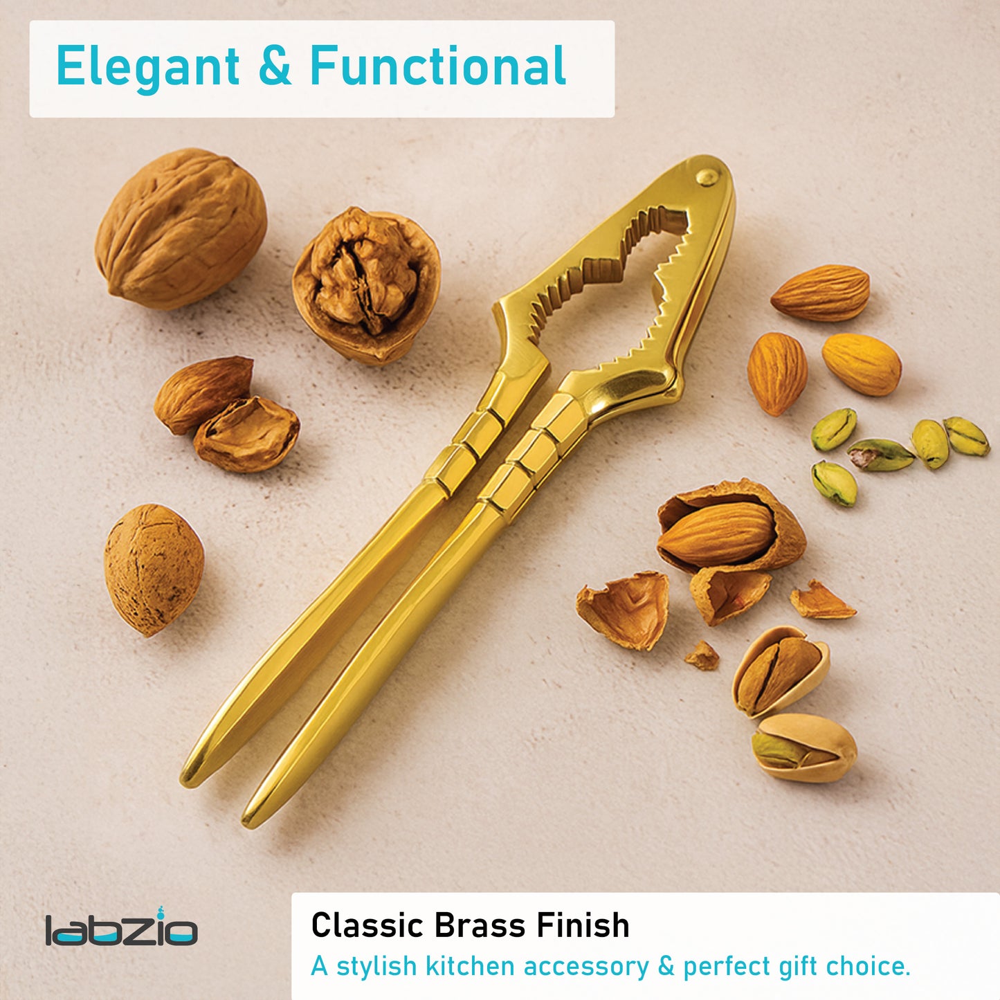 LABZIO Premium Brass Nut Cracker | Heavy Duty Nutcracker Tool for Almonds, Walnuts, Pistachios | Strong & Easy to Use Nut Cracking Kitchen Tool