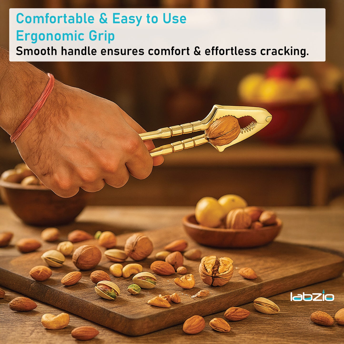 LABZIO Premium Brass Nut Cracker | Heavy Duty Nutcracker Tool for Almonds, Walnuts, Pistachios | Strong & Easy to Use Nut Cracking Kitchen Tool