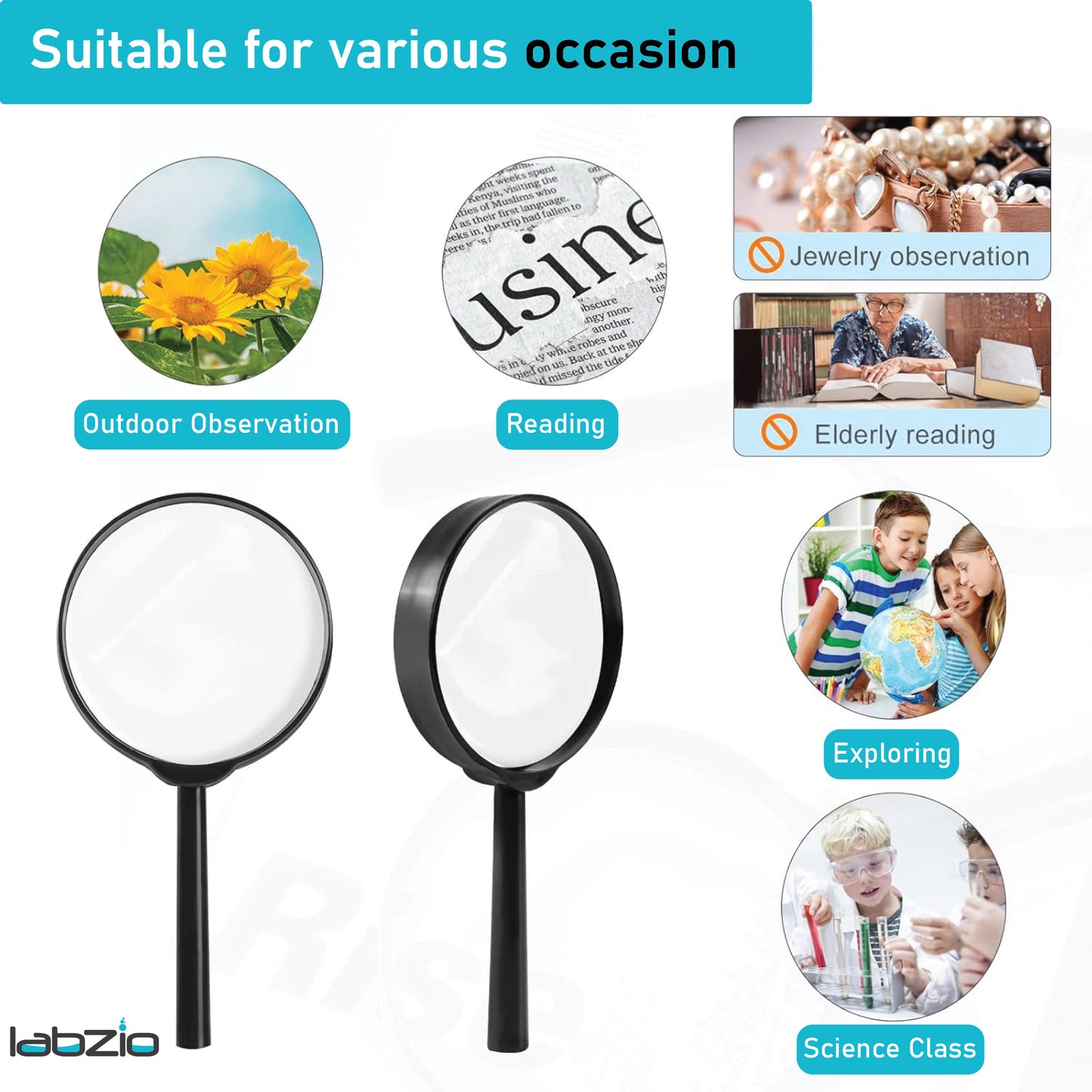 Labzio 60mm Hand Lens Magnifier — Black Magnifying Glass with Crystal Clear Lens | Compact Design and Lightweight Build | Comfortable Grip for Precision Work At Laboratory ( Pack Of 1 )