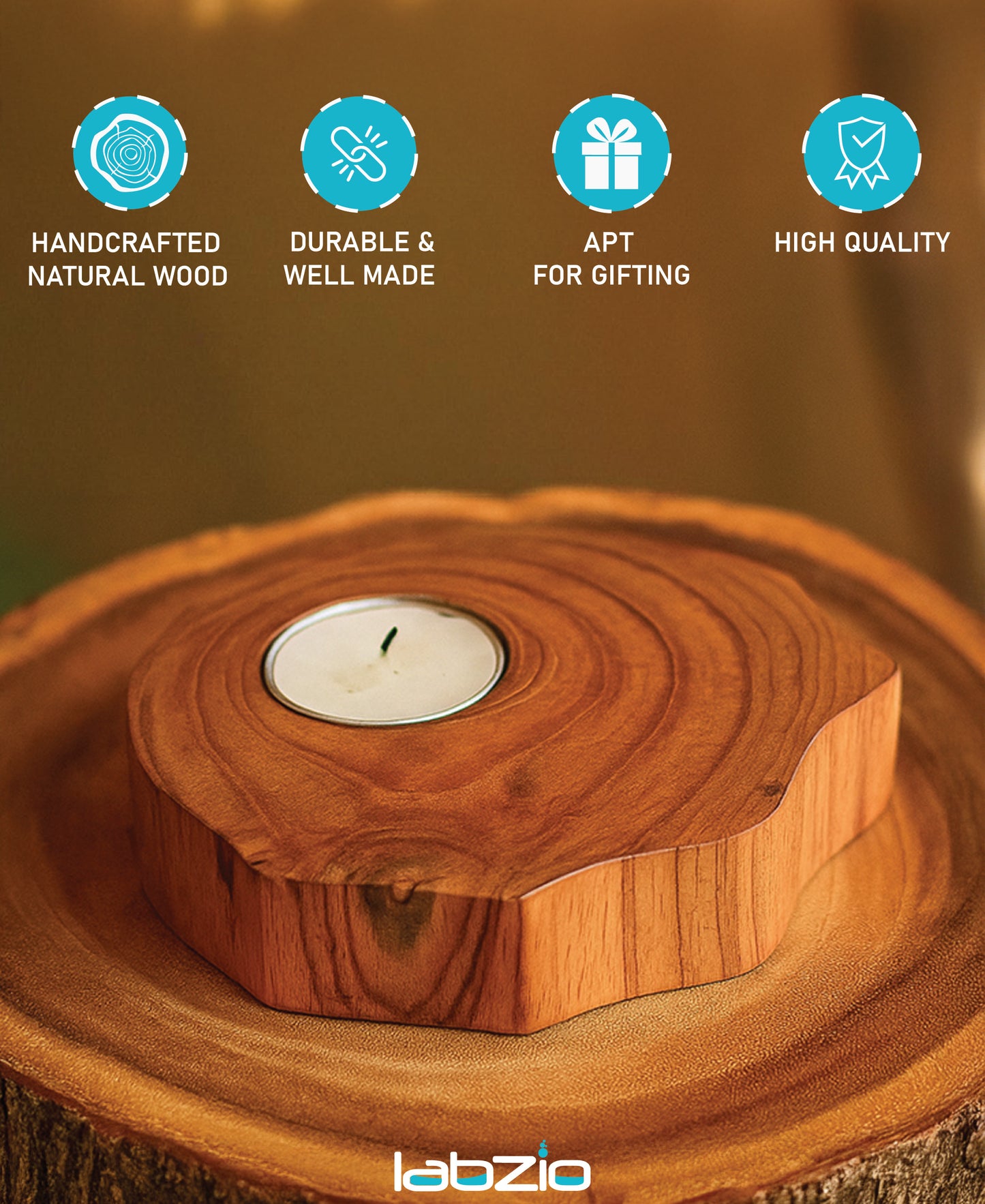 LABZIO Zig-Zag Wooden Tealight Candle Holder – Handcrafted Rustic Natural Wood Design for Home Décor, Weddings & Events