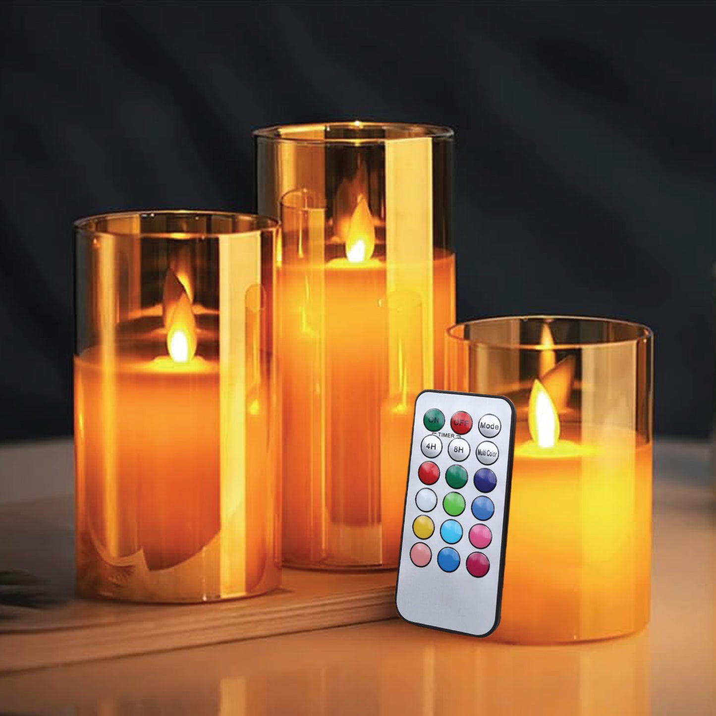 LABZIO Set of 3 Real Wax LED Flameless Pillar Candles with Flickering Amber Glass Effect, Color Changing & Remote Controller, Golden Acrylic Fiber Glass, for Christmas Home Decor & Festive Ambiance