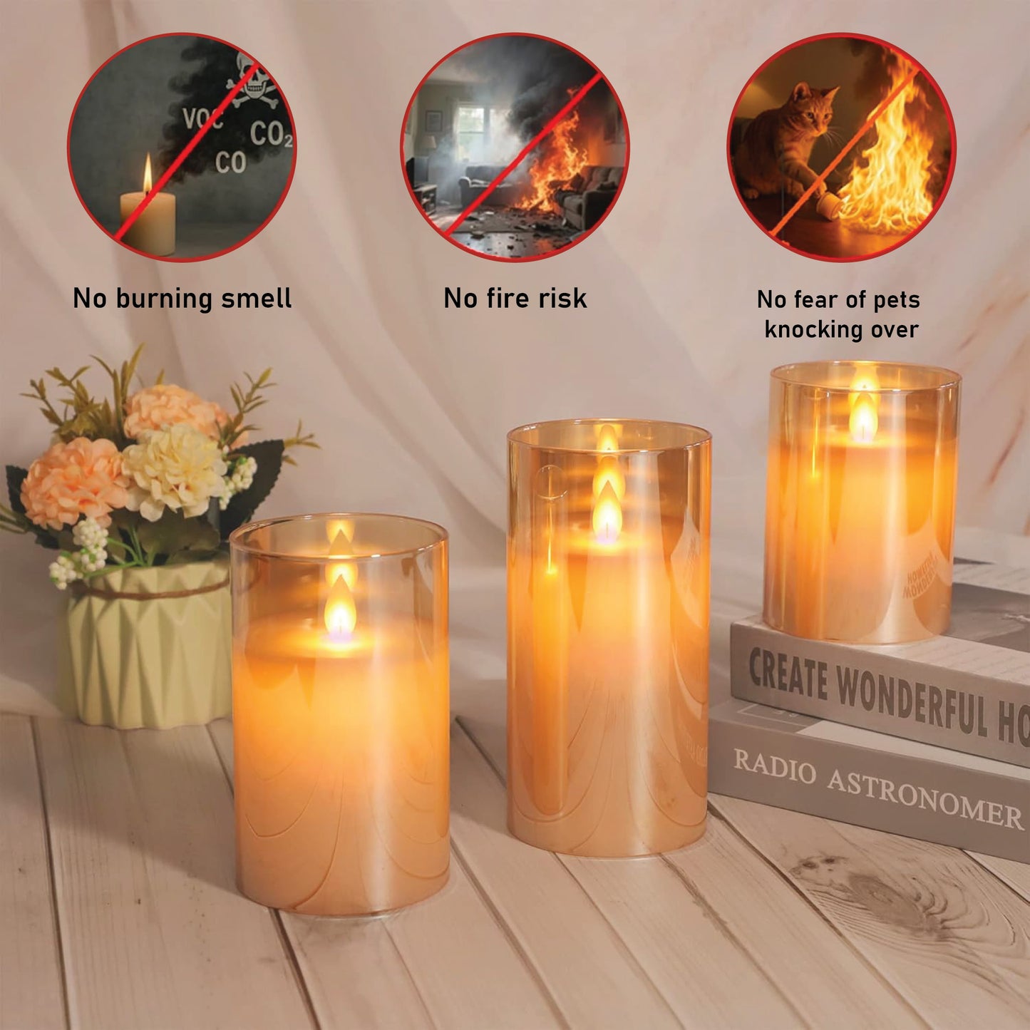 LABZIO Set of 3 Real Wax LED Flameless Pillar Candles with Flickering Amber Glass Effect, Color Changing & Remote Controller, Golden Acrylic Fiber Glass, for Christmas Home Decor & Festive Ambiance