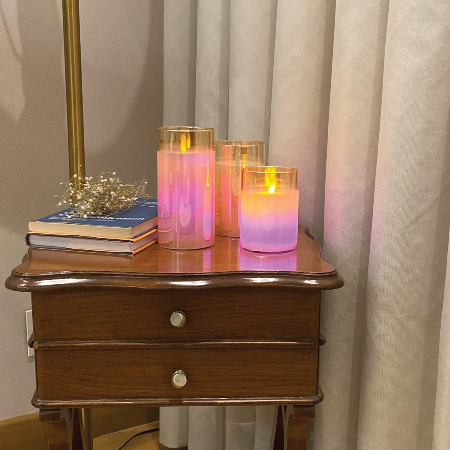 LABZIO Set of 3 Real Wax LED Flameless Pillar Candles with Flickering Amber Glass Effect, Color Changing & Remote Controller, Golden Acrylic Fiber Glass, for Christmas Home Decor & Festive Ambiance