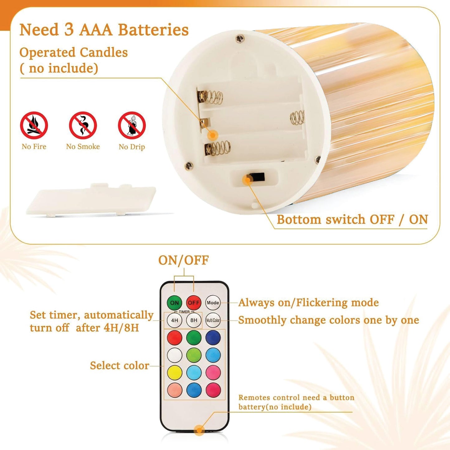 LABZIO Set of 3 Real Wax LED Flameless Pillar Candles with Flickering Amber Glass Effect, Color Changing & Remote Controller, Golden Acrylic Fiber Glass, for Christmas Home Decor & Festive Ambiance