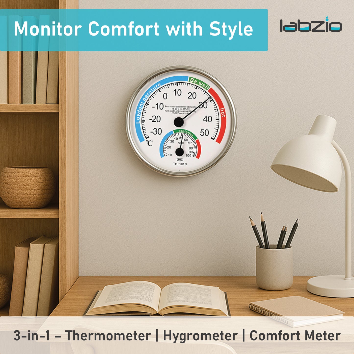 LABZIO Circular Wall-Mounted Thermometer-Hygrometer-Comfort Meter, 125mm, Accurate Temperature & Humidity Monitor, Stylish Design for Home & Office, Easy-to-Read Scale, Durable Construction