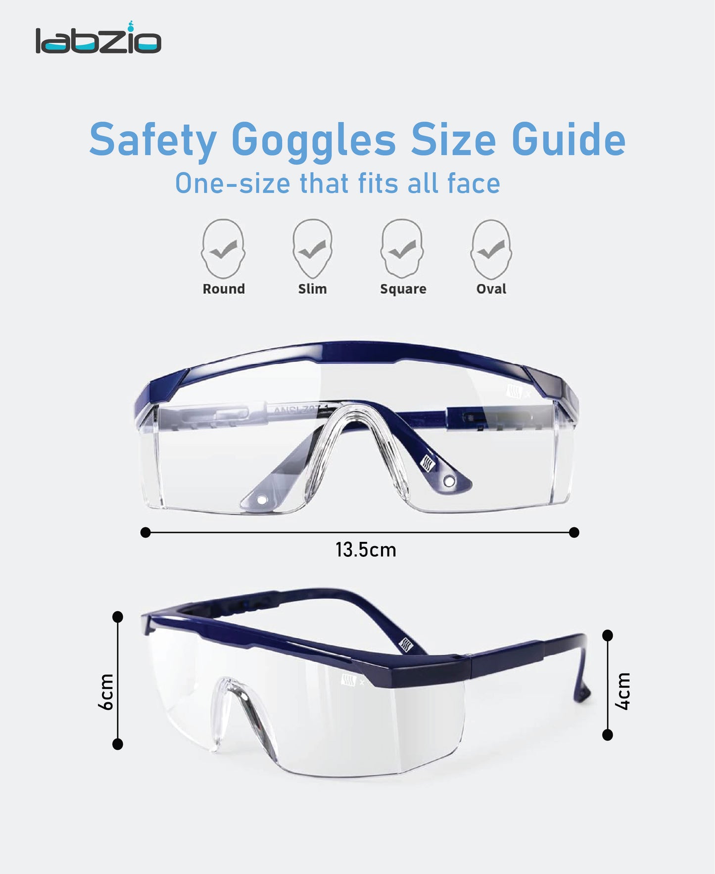 LABZIO - Safety Goggles With Side Protection & Adjustable Temples For Unviversal Fit, Chemical Resistant (Pack of 5 Goggles)