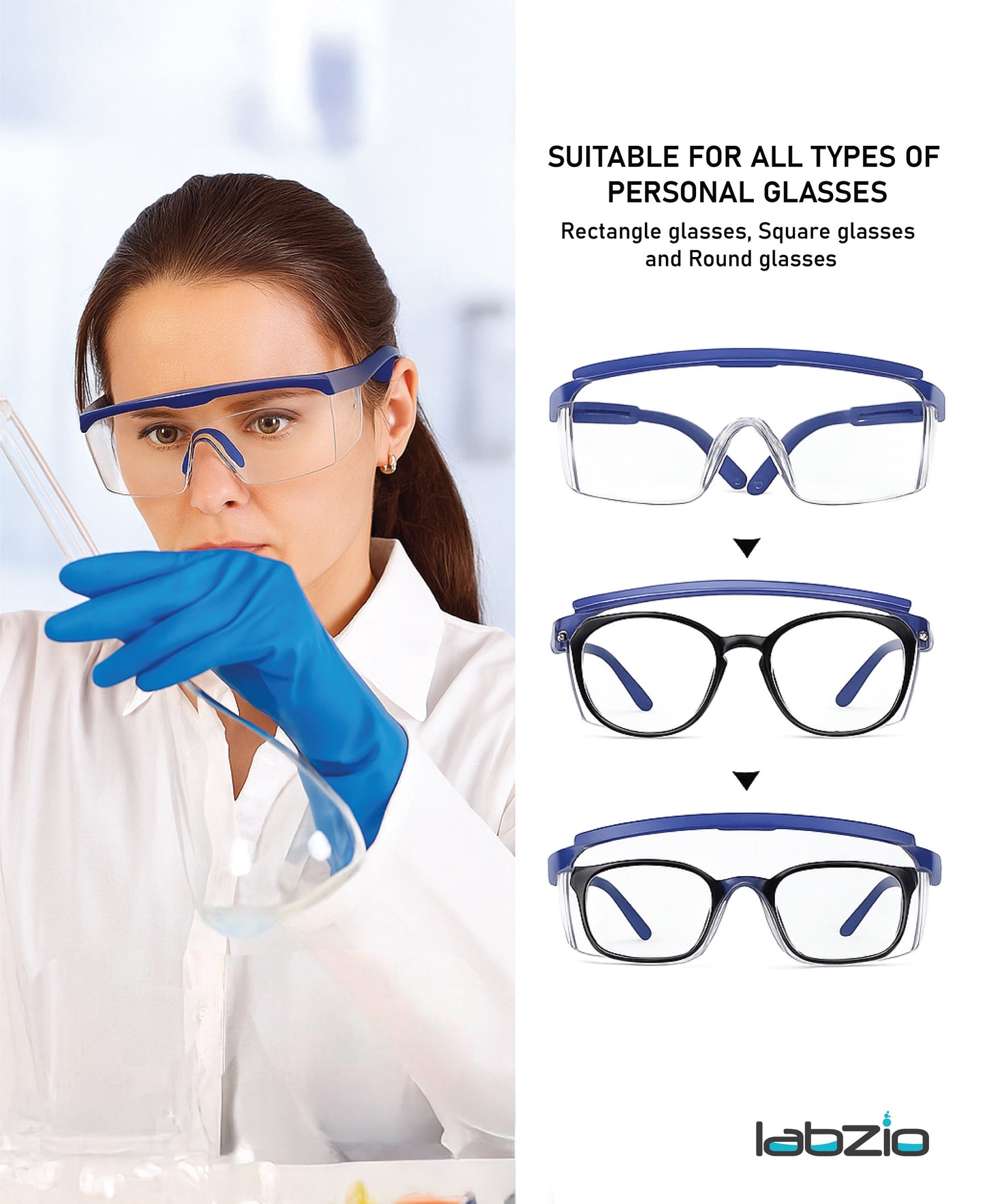 LABZIO - Safety Goggles With Side Protection & Adjustable Temples For Unviversal Fit, Chemical Resistant (Pack of 5 Goggles)