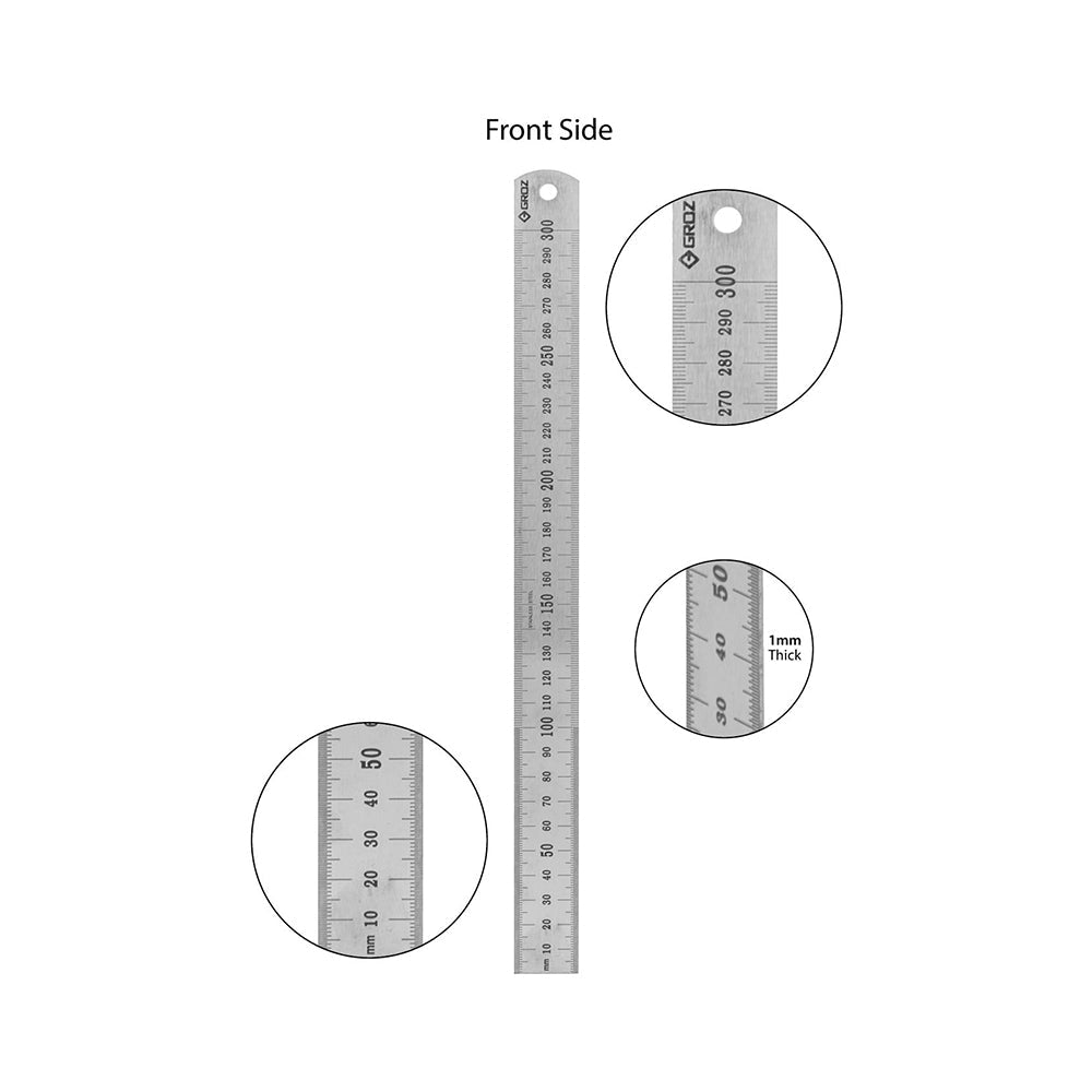 GROZ stainless steel scale (Ruler), horizontal reading in reverse, graduated in cm and mm. (30 cm)
