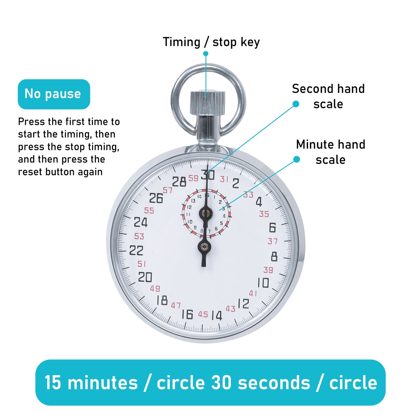 EISCO Mechanical Stopwatch - Analog Timer, Steel Case, 1/10th Second Precision, 15-Minute Dial, Winding Mechanism, Ideal for Sport Training, Racing, Physics, Chemistry, Classroom, Lab Experiment