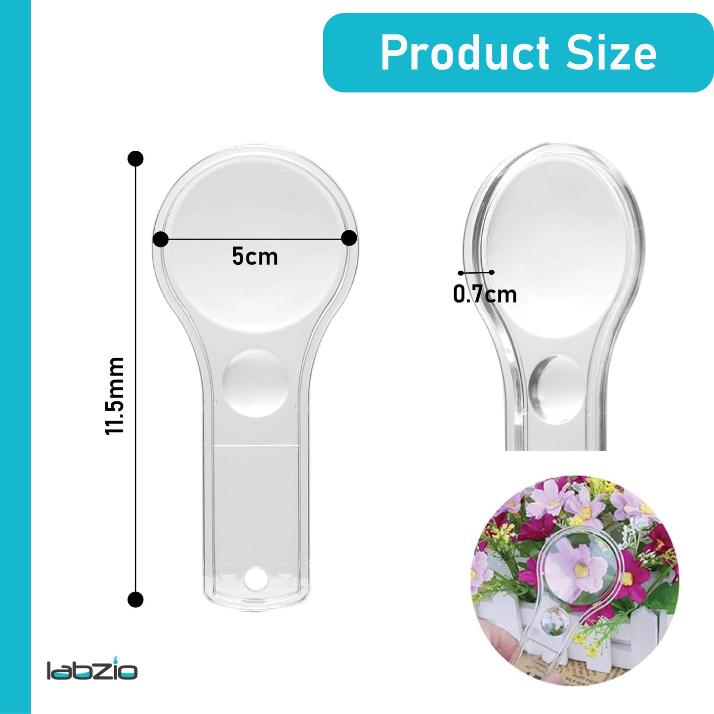 LABZIO- Premium Magnifying Lens with Handle, lab Quality Mini Magnifying Glass 5X and 15X Handheld, Diameter - 50 mm, Magnification - 3X Acrylic Lens and Body Makes it Suitable for Children
