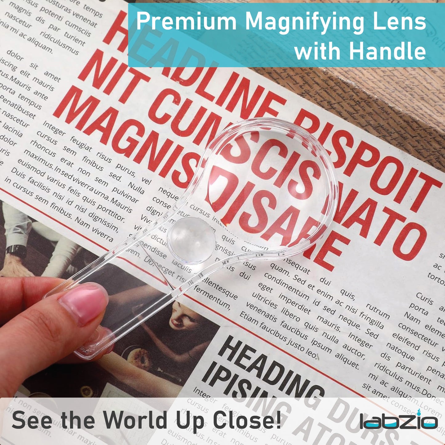 LABZIO- Premium Magnifying Lens with Handle, lab Quality Mini Magnifying Glass 5X and 15X Handheld, Diameter - 50 mm, Magnification - 3X Acrylic Lens and Body Makes it Suitable for Children