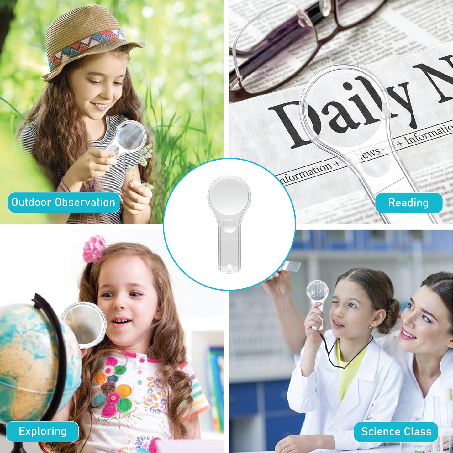 LABZIO- Premium Magnifying Lens with Handle, lab Quality Mini Magnifying Glass 5X and 15X Handheld, Diameter - 50 mm, Magnification - 3X Acrylic Lens and Body Makes it Suitable for Children