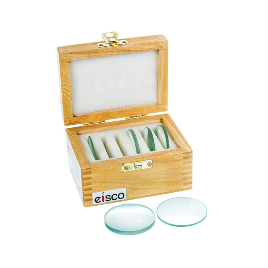 EISCO Set of 6 Glass Lenses | Different Focal Lengths | Ground & Polished Faces | Optical Lenses for Science Experiments, Physics Studies | Supplied in Durable Wooden Case