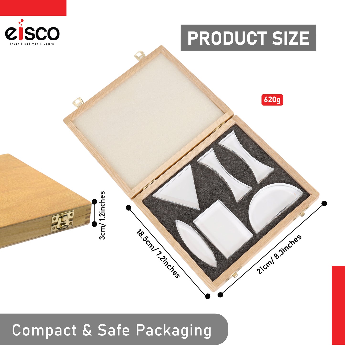Eisco Premium Acrylic Prisms — Set of 6, Different Shapes, Supplied in Wooden Box | Used in Physics Laboratory | Reflection and Refraction Leaning | 25.8 x 20.8 x 4.8 cm; 620 g