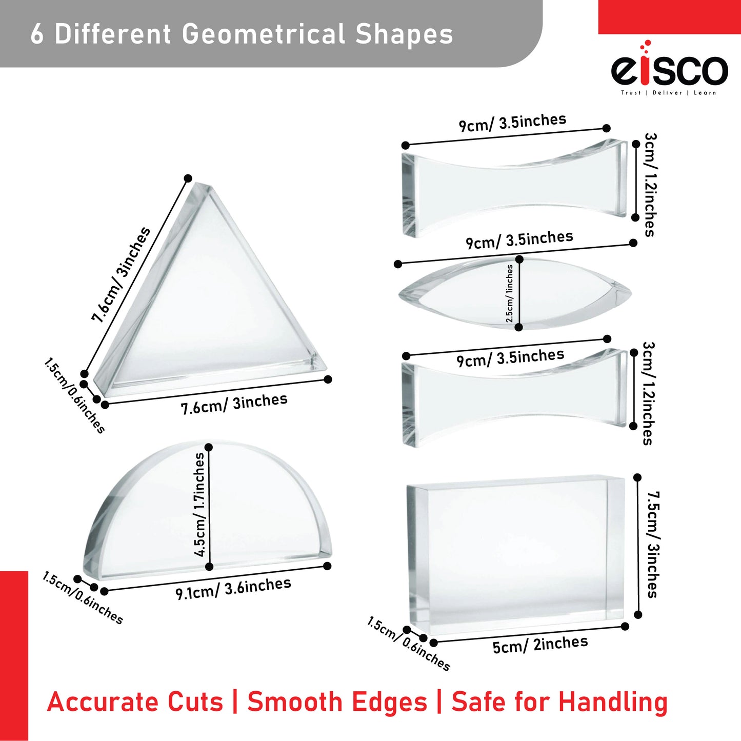 Eisco Premium Acrylic Prisms — Set of 6, Different Shapes, Supplied in Wooden Box | Used in Physics Laboratory | Reflection and Refraction Leaning | 25.8 x 20.8 x 4.8 cm; 620 g