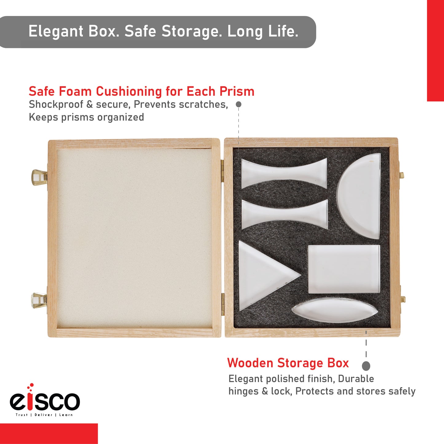 Eisco Premium Acrylic Prisms — Set of 6, Different Shapes, Supplied in Wooden Box | Used in Physics Laboratory | Reflection and Refraction Leaning | 25.8 x 20.8 x 4.8 cm; 620 g