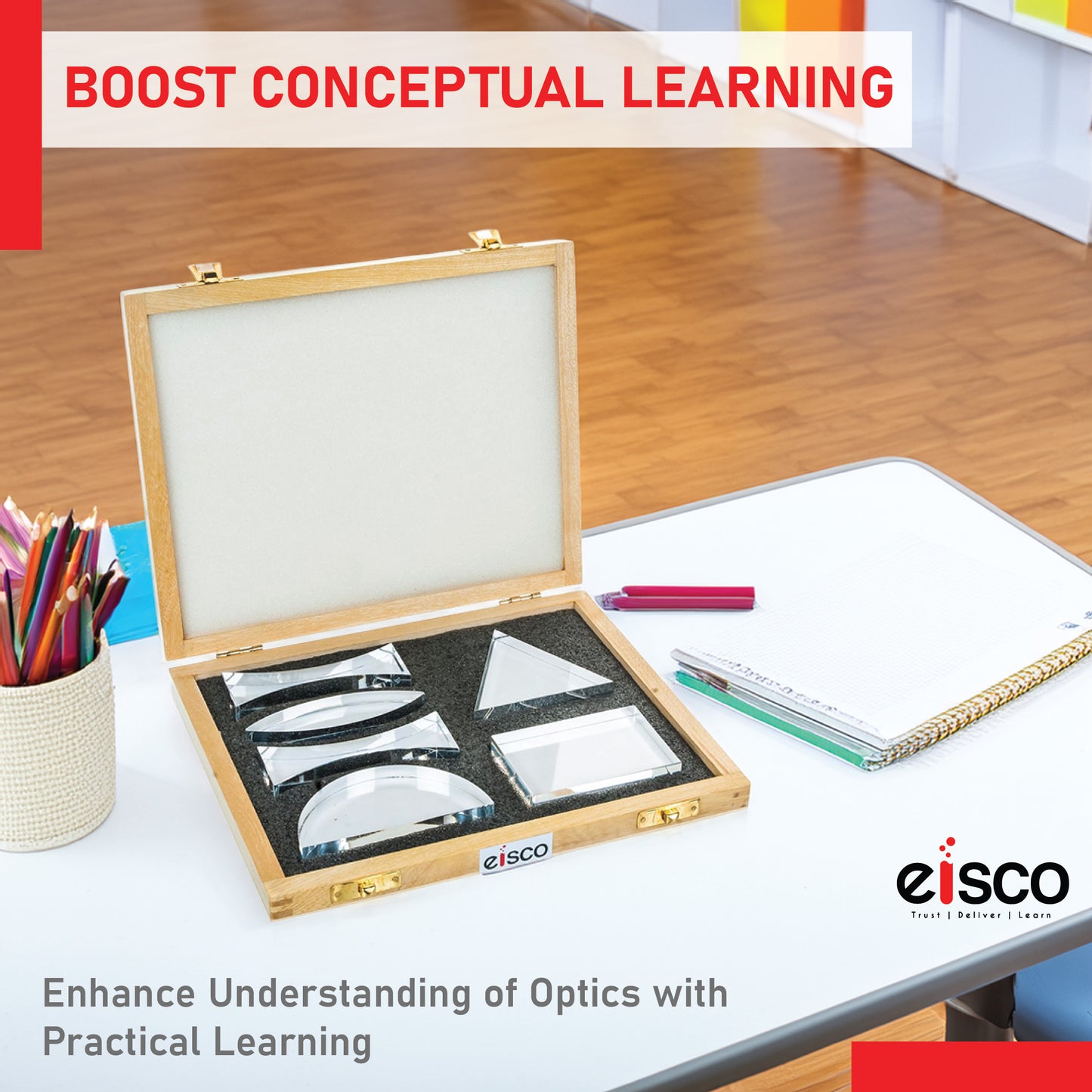 Eisco Premium Acrylic Prisms — Set of 6, Different Shapes, Supplied in Wooden Box | Used in Physics Laboratory | Reflection and Refraction Leaning | 25.8 x 20.8 x 4.8 cm; 620 g