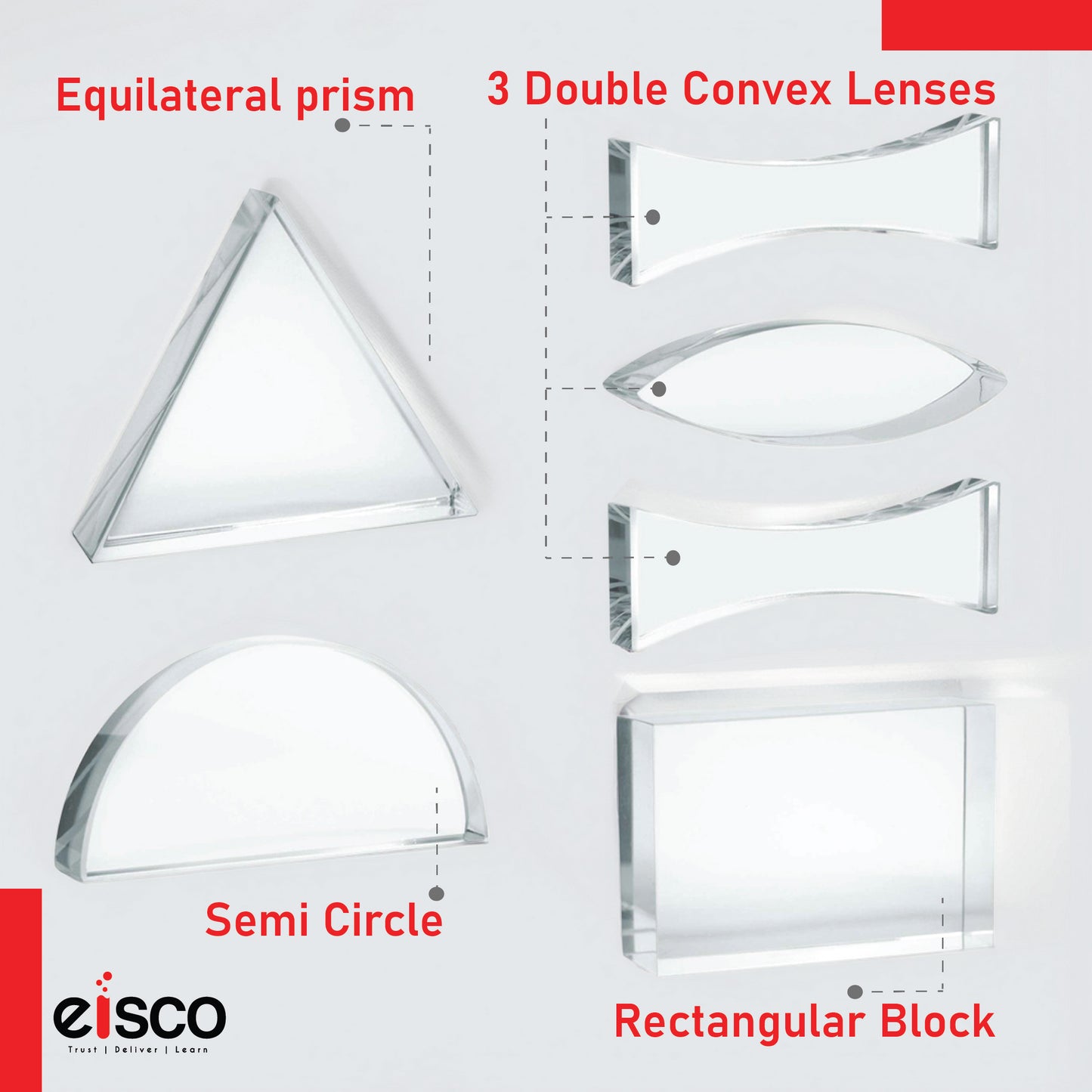 Eisco Premium Acrylic Prisms — Set of 6, Different Shapes, Supplied in Wooden Box | Used in Physics Laboratory | Reflection and Refraction Leaning | 25.8 x 20.8 x 4.8 cm; 620 g