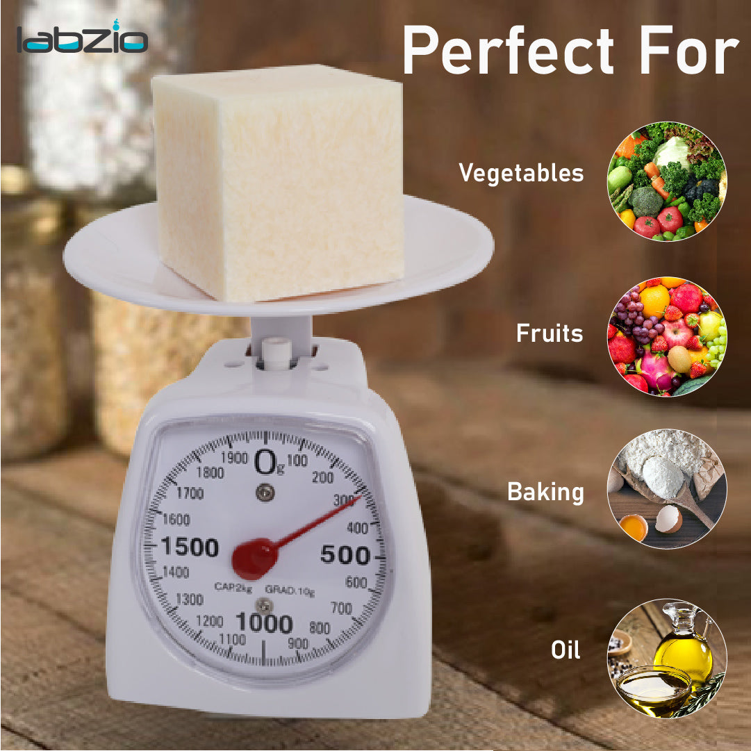 LABZIO Accurate Analog Weighing Scale for Kitchen, Laboratory, and Craft Use, 2Kg Capacity, 10g Graduation, Durable White Scale for Household, Lab, Crafting, Professional and Personal Use