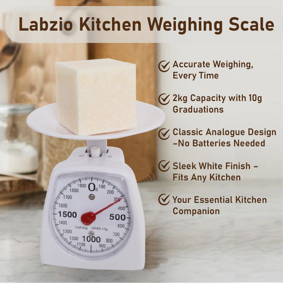 LABZIO Accurate Analog Weighing Scale for Kitchen, Laboratory, and Craft Use, 2Kg Capacity, 10g Graduation, Durable White Scale for Household, Lab, Crafting, Professional and Personal Use