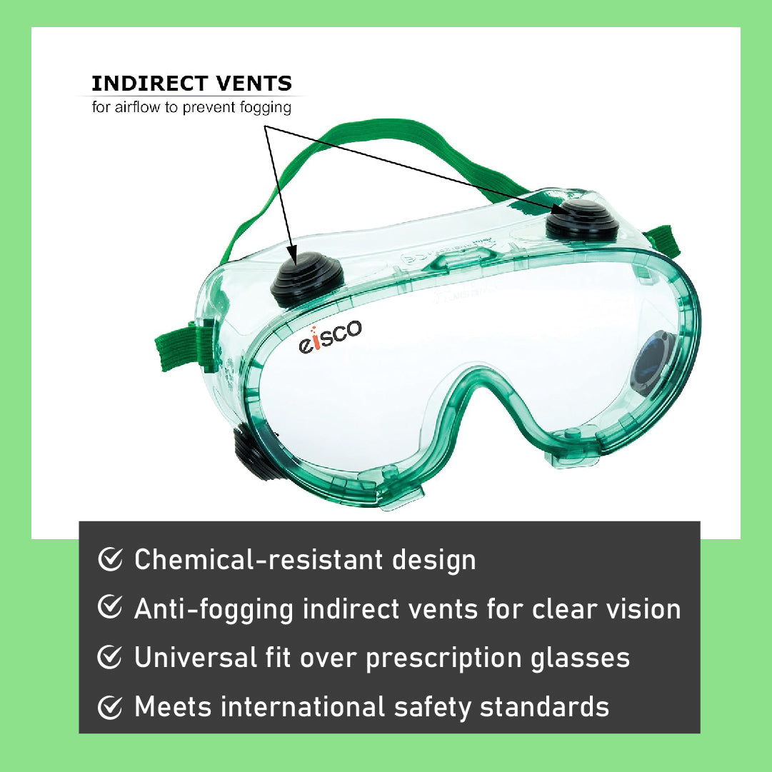 Eisco Safety Goggles – Anti-Fog, Chemical Splash Resistant, Indirect Vent, Fits Over Prescription Glasses, Eye Protection for Lab, Science, Chemistry, Industrial, DIY, Construction & Welding