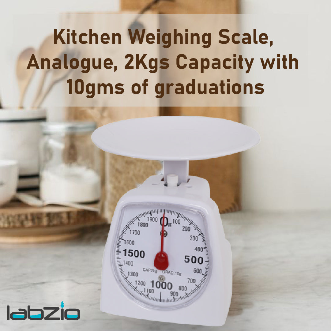 LABZIO Accurate Analog Weighing Scale for Kitchen, Laboratory, and Craft Use, 2Kg Capacity, 10g Graduation, Durable White Scale for Household, Lab, Crafting, Professional and Personal Use