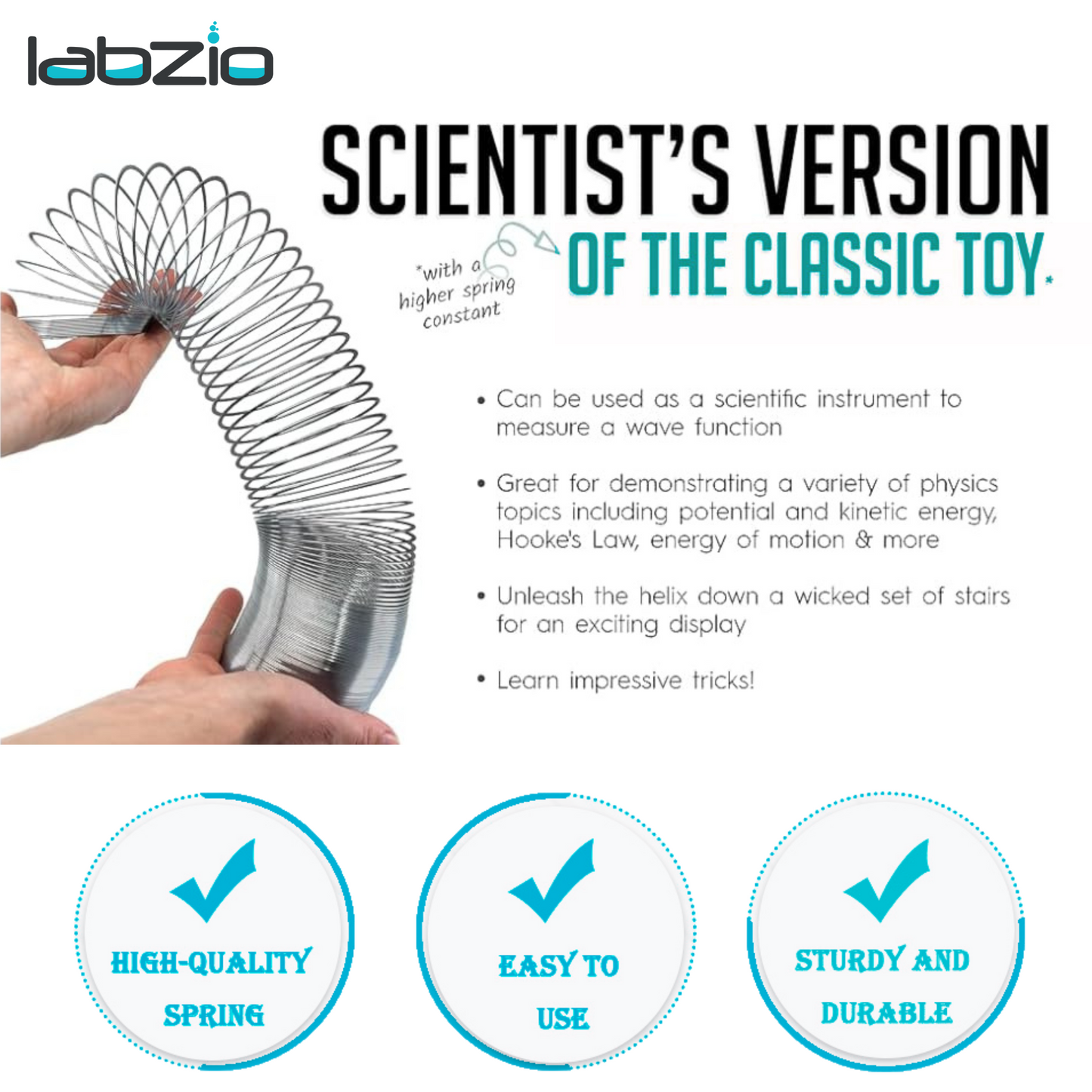 EISCO Tempered Steel Wave Form Helix – Scientific Slinky Spring, 7.5 cm Coil Diameter, 3 Meter Length | Physics Experiment Tool, Wave Propagation, STEM Learning, Lab Equipment (Grey Spring)