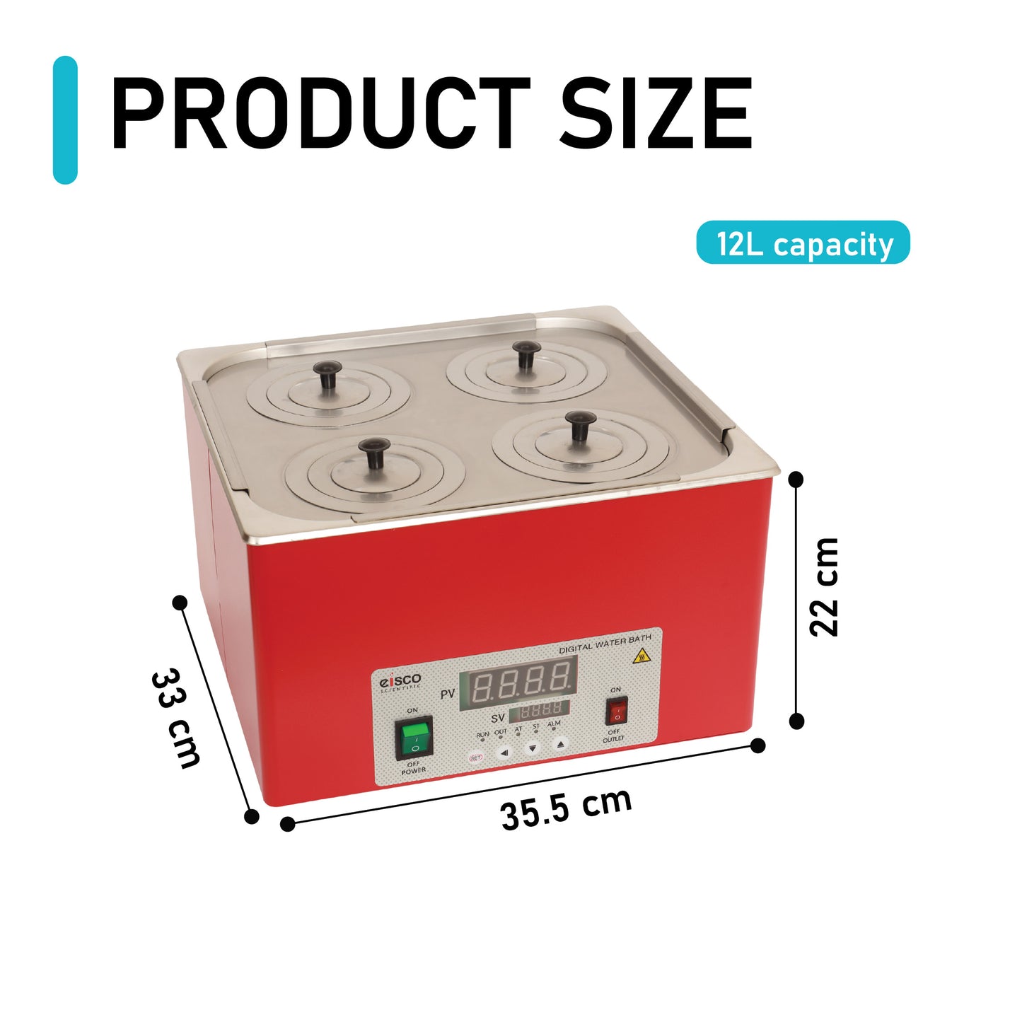 EISCO - Premium Unstirred Digital Water Bath, 4 Holes, Temperature Range is 100 Degree Celsius, Perfect For Laboratories 4 Openings | 12L Capacity | 1000W