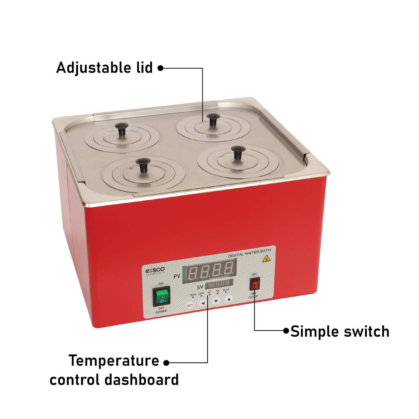 EISCO - Premium Unstirred Digital Water Bath, 4 Holes, Temperature Range is 100 Degree Celsius, Perfect For Laboratories 4 Openings | 12L Capacity | 1000W