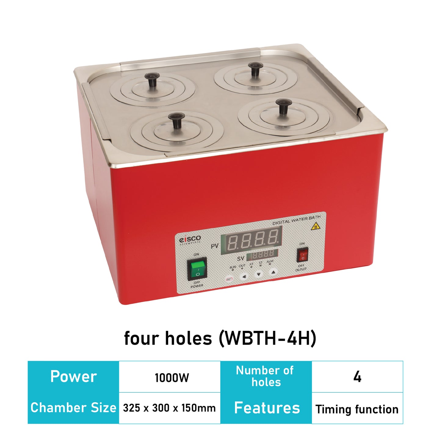 EISCO - Premium Unstirred Digital Water Bath, 4 Holes, Temperature Range is 100 Degree Celsius, Perfect For Laboratories 4 Openings | 12L Capacity | 1000W