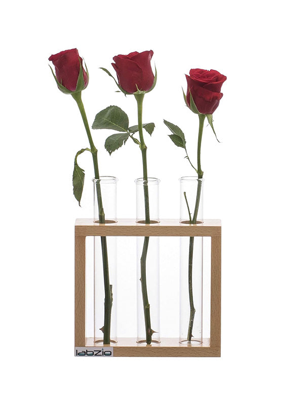Labzio Wooden Flower Vase – Handcrafted Decorative Stand with 3 Borosilicate Glass Test Tubes | Perfect for Home, Office, Living Room, Indoor Plants, Bedroom & Wedding Décor Gift