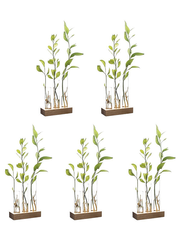 Labzio Home - Flower Vase with 3 Hand Blown Borosilicate glass test tubes in a Small Rectangle Wooden Block Stand