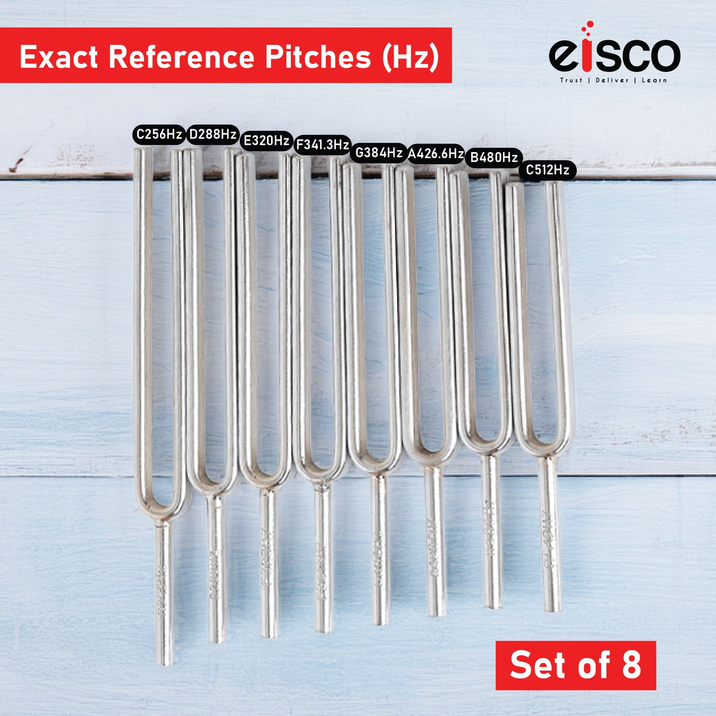 EISCO Tuning Fork (Set of 8 Pieces) Steel Scientific Forks, C4 = 256Hz, Physics Lab Equipment for Sound Wave Experiments, Acoustics, Vibrations, Music Teaching, Science Classroom & STEM Learning