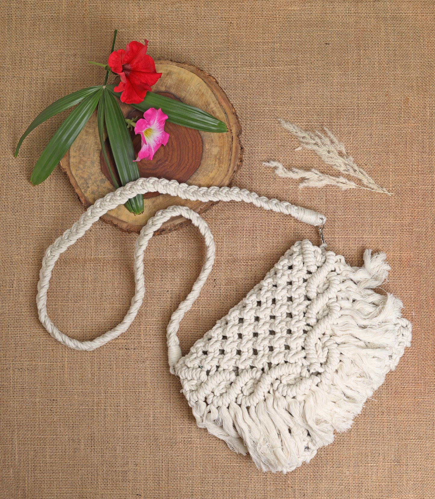 LABZIO Handcrafted Macrame Crossbody Bag with Fringe | Boho Chic 100% Cotton | Lightweight and Eco-Friendly | Available in Mint Green | Off-White | Blush Pink