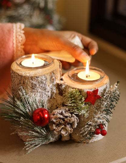 LABZIO Rustic Log Candle Holder with Winter Accents - Dual Tealight Holder with Pinecones, Faux Snow, Red Berries, and Evergreen Sprigs - Perfect for Holiday Table Centerpieces and Home Decor