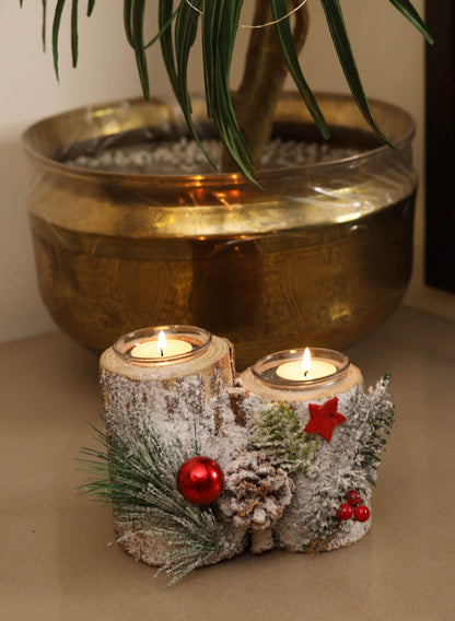 LABZIO Rustic Log Candle Holder with Winter Accents - Dual Tealight Holder with Pinecones, Faux Snow, Red Berries, and Evergreen Sprigs - Perfect for Holiday Table Centerpieces and Home Decor