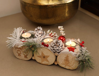 LABZIO Rustic Christmas Tree Candle Holder - 3-Tealight Log with Pinecones, Frosted Branches, Red Ornaments & Snow Effect - Festive Christmas Tree Table Centerpiece