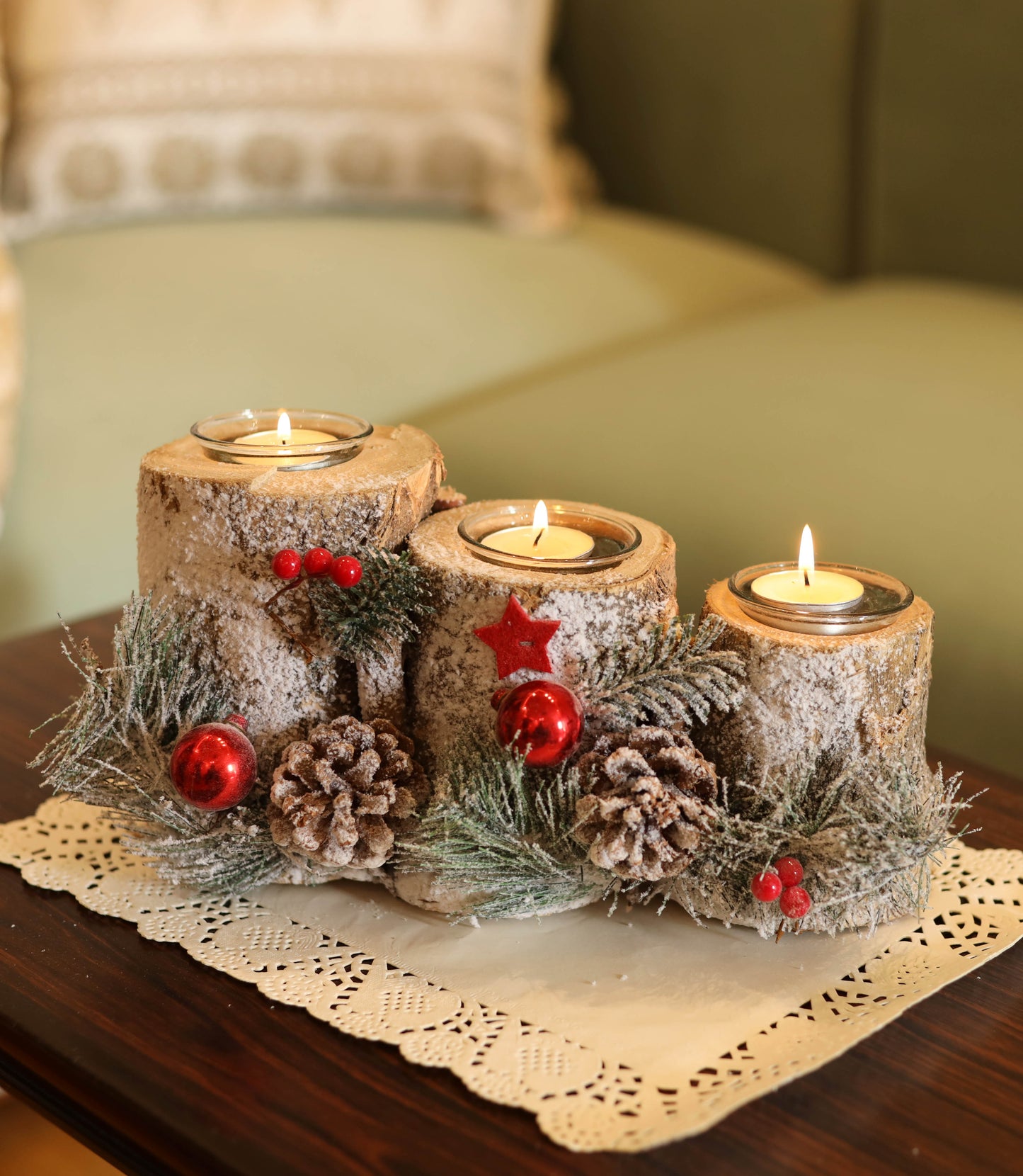 LABZIO Rustic Log-Style Christmas Tree Candle Holder - Snow Frosted Pinecones, Red Baubles & Star Accent - Triple Glass Jar Centerpiece for Tea Lights - Holiday Table Decor