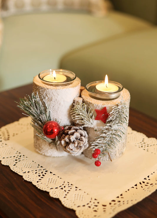 LABZIO Rustic Log Candle Holder with Winter Accents - Dual Tealight Holder with Pinecones, Faux Snow, Red Berries, and Evergreen Sprigs - Perfect for Holiday Table Centerpieces and Home Decor