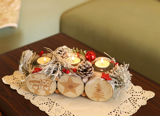 LABZIO Rustic Christmas Tree Candle Holder - 3-Tealight Log with Pinecones, Frosted Branches, Red Ornaments & Snow Effect - Festive Christmas Tree Table Centerpiece