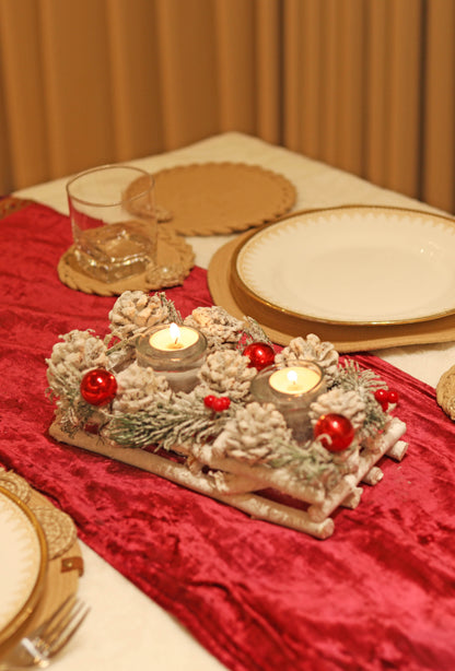 LABZIO Candle Holder Christmas Centerpiece - Snow Frosted Pinecones with Red Baubles & Berries - Wooden Base Table Decor for Christmas Tree Display, Tea Lights, or Votive Candles