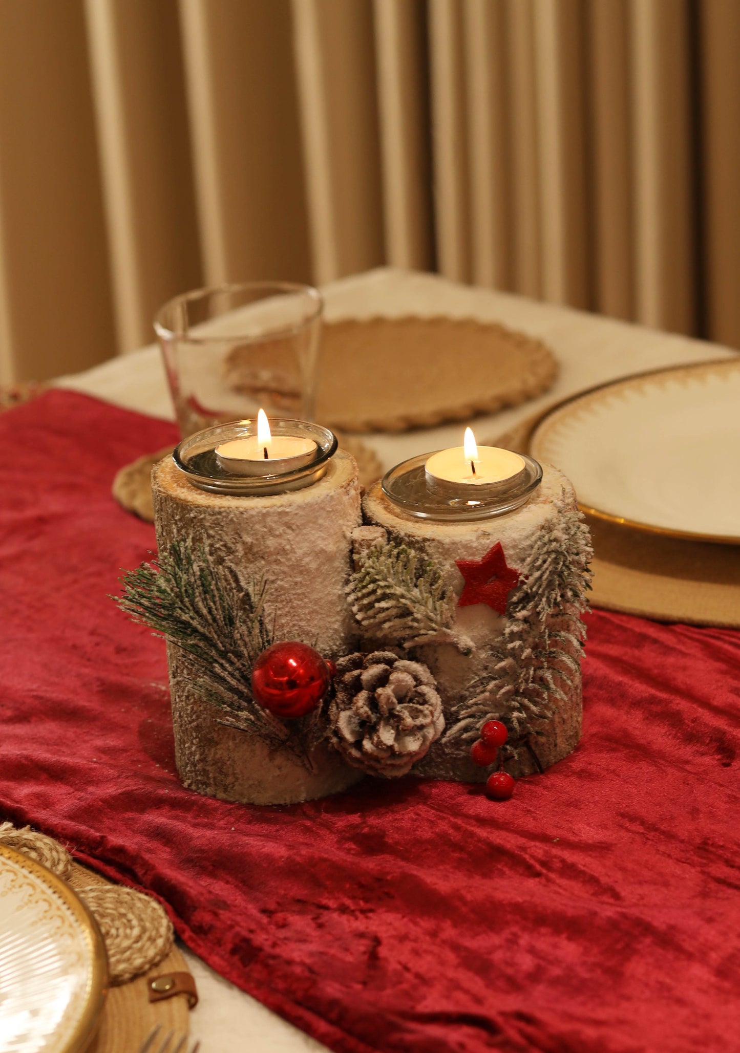 LABZIO Rustic Log Candle Holder with Winter Accents - Dual Tealight Holder with Pinecones, Faux Snow, Red Berries, and Evergreen Sprigs - Perfect for Holiday Table Centerpieces and Home Decor