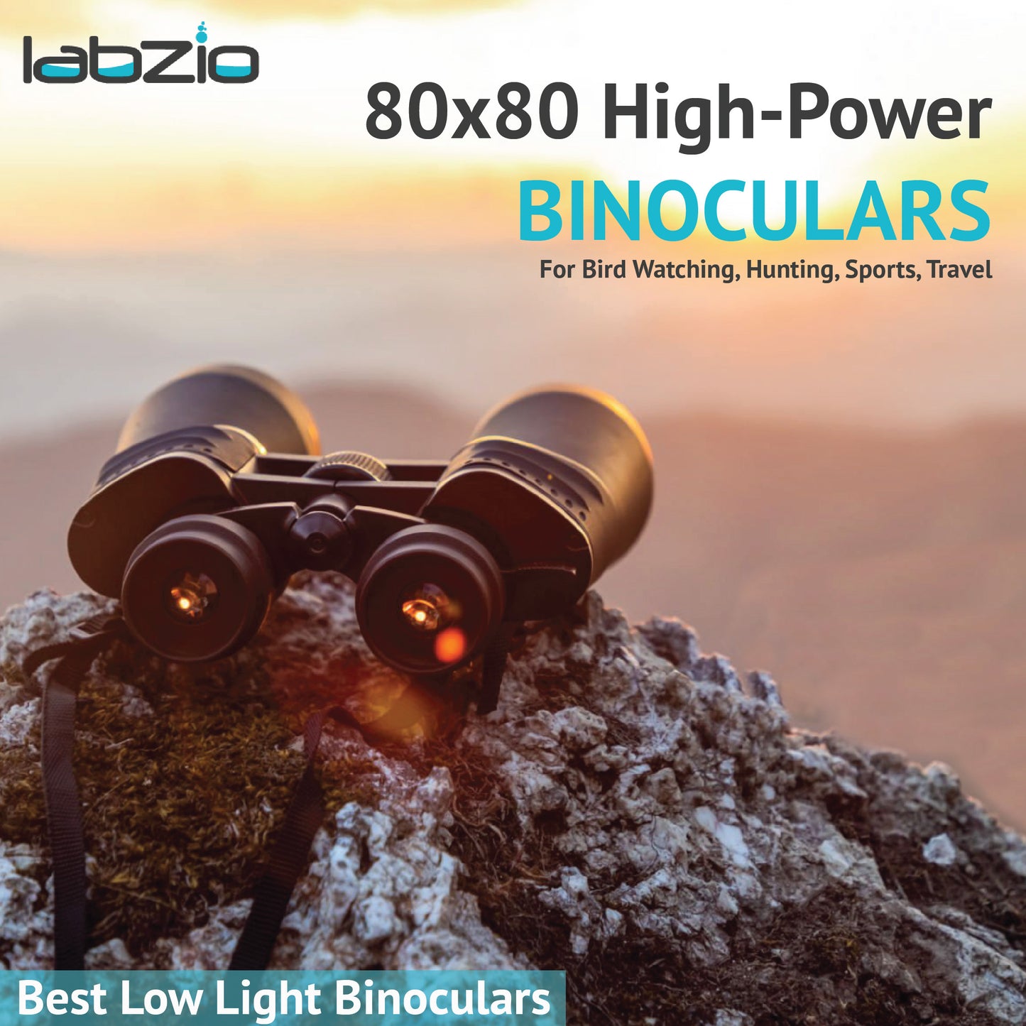 LABZIO 80x80 High-Power Binoculars for Bird Watching, Hunting, Sports, Travel | Clear Optics, Durable & Waterproof with Rubber Eye Cups, Diopter Adjustment, Lens Covers | Outdoor & Wildlife Viewing