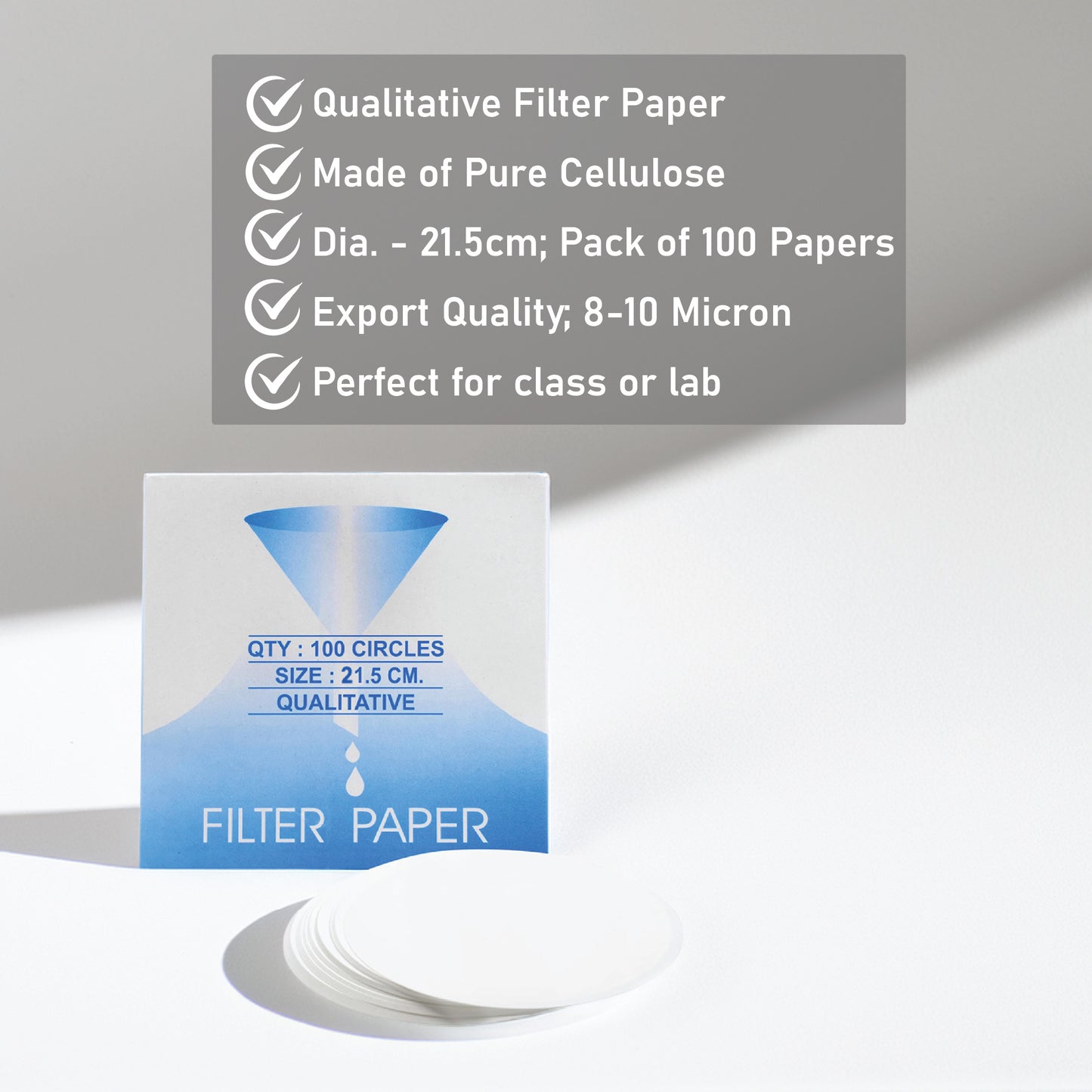 EISCO Premium Lab Filter Paper – 21.5cm, 8-10 Micron (100 Sheets) High-Purity Qualitative Filter Paper for Chemistry, Scientific Research, Liquid Filtration, Experiments, Classroom, STEM Learning