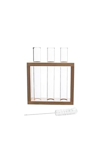 Flower vase with 3 Hand Blown Borosilicate glass test tubes in a Stylish Wooden stand to decorate home and work spaces