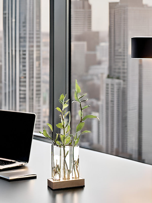 Flower Vase with 3 Hand Blown Borosilicate glass test tubes in a Small Rectangle Wooden Block Stand to Decorate Home & Office Spaces