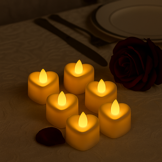 LABZIO Flameless LED Heart-Shaped Tea Light Candles |Compact Decorative Flickering Diya Lights 4 cm Width × 2 cm Height | Ideal for Pooja Diwali, Temple, Balcony & Room Décor|Plastic Build | Pack of 6